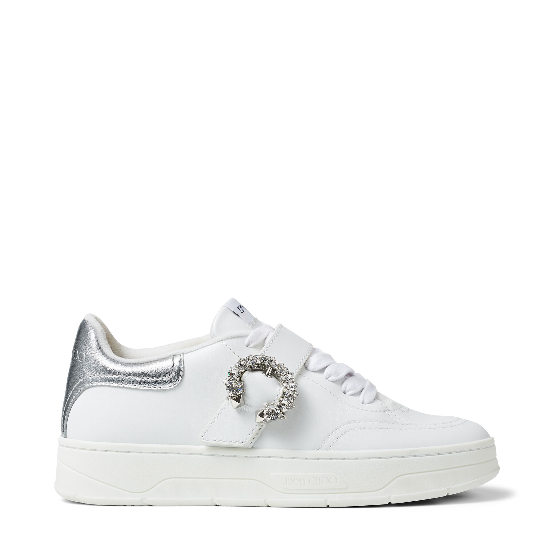 クリスタルバックル付き White カーフレザー X Silver メタリック ...