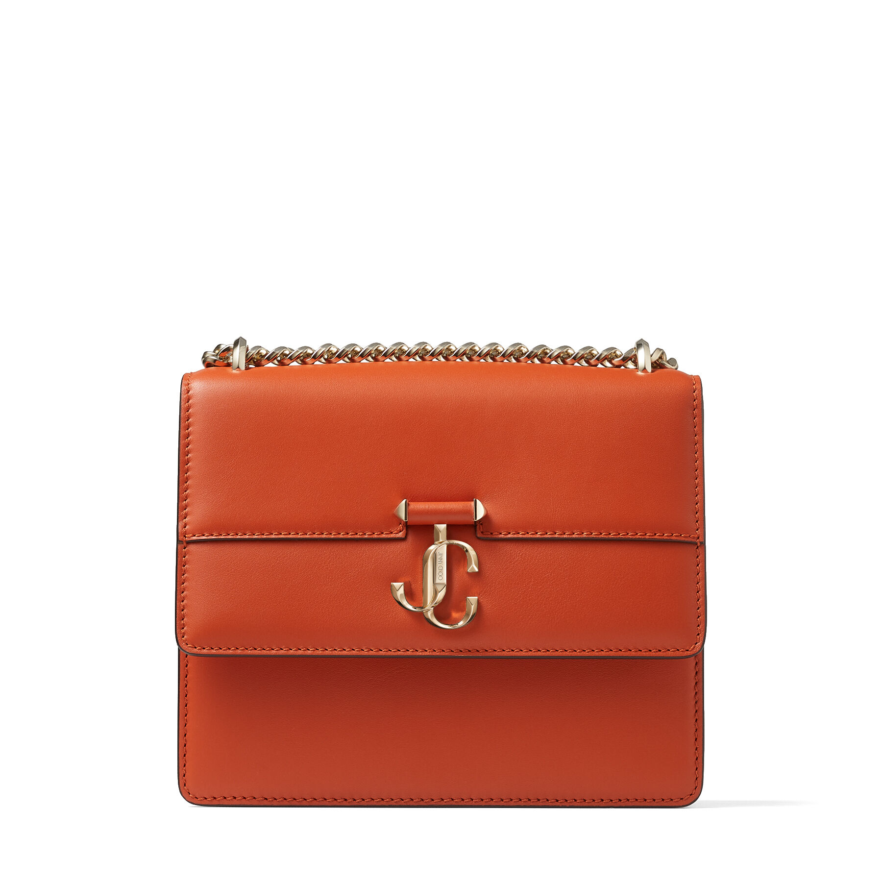 Dark Amber Orange Fine Shiny Calf Leather Shoulder Bag With Light Gold Jc Bar Varenne Quad Spring 2022 Collection Jimmy Choo