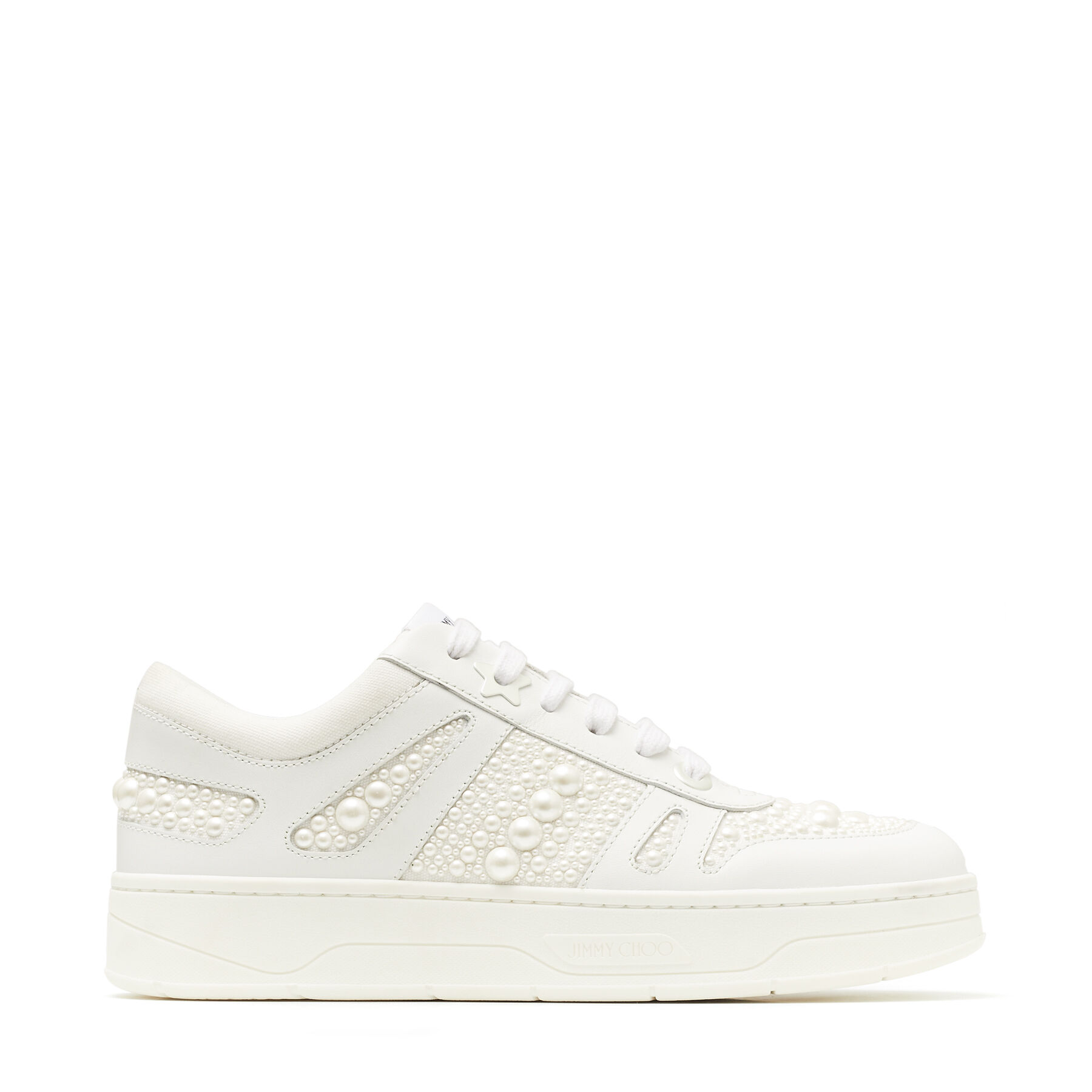 White Calf Leather and Canvas Low Top Trainers with Pearl Embellishment ...