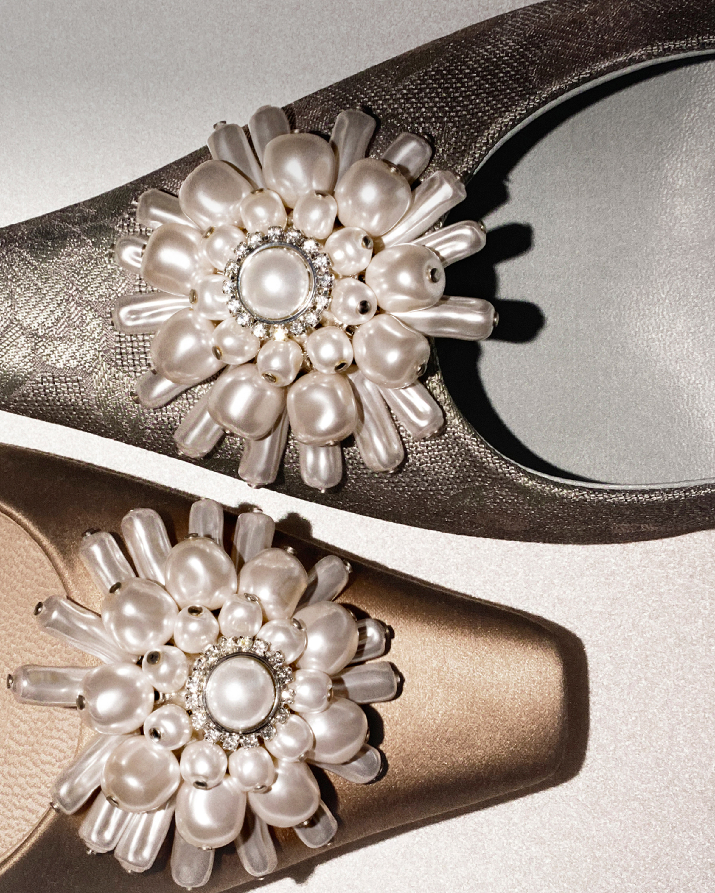 atin champagne-coloured pointed-toe pump with a pearl and crystal floral embellishment and slim stiletto heel, shown from above