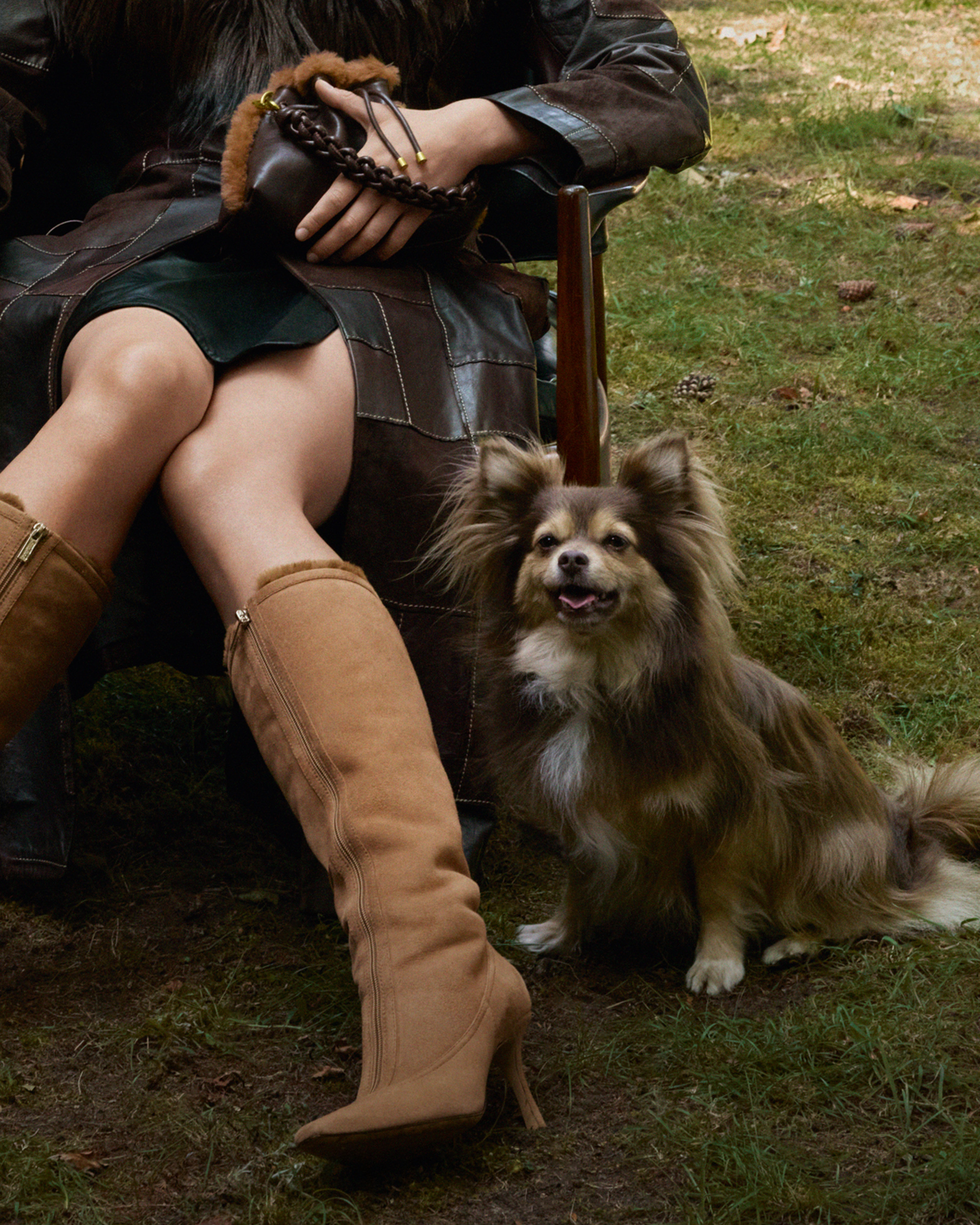 Close-up of tan suede knee-high boots worn by a seated model with a small dog beside her.