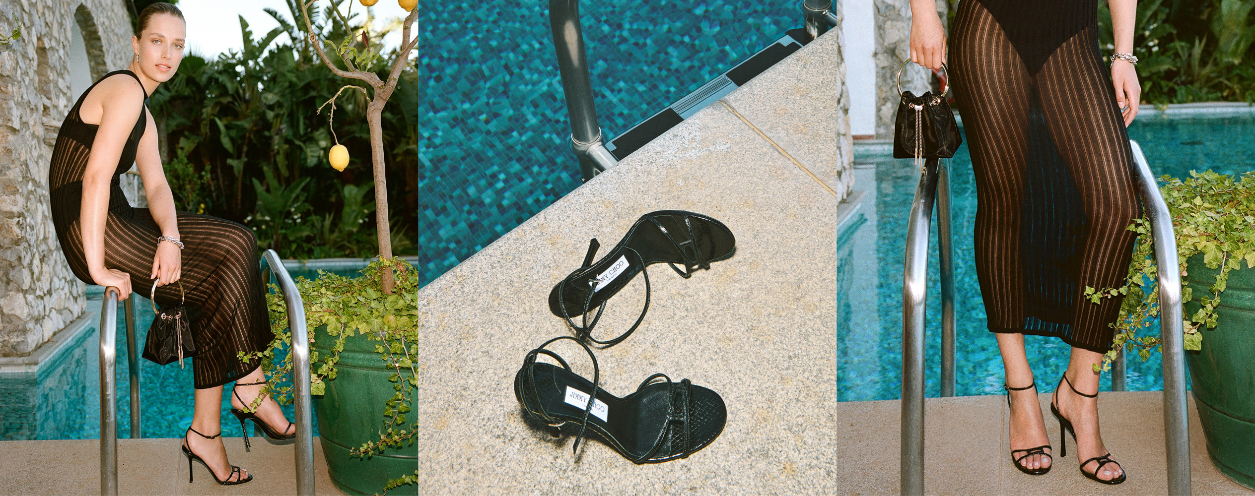 Woman in sheer black dress holding a mini handbag by the poolside next to black strappy sandals on sunlit stone next to a close up of a womans legs in sheer black dress holding a mini handbag and wearing strappy black sandals in front of a pool.