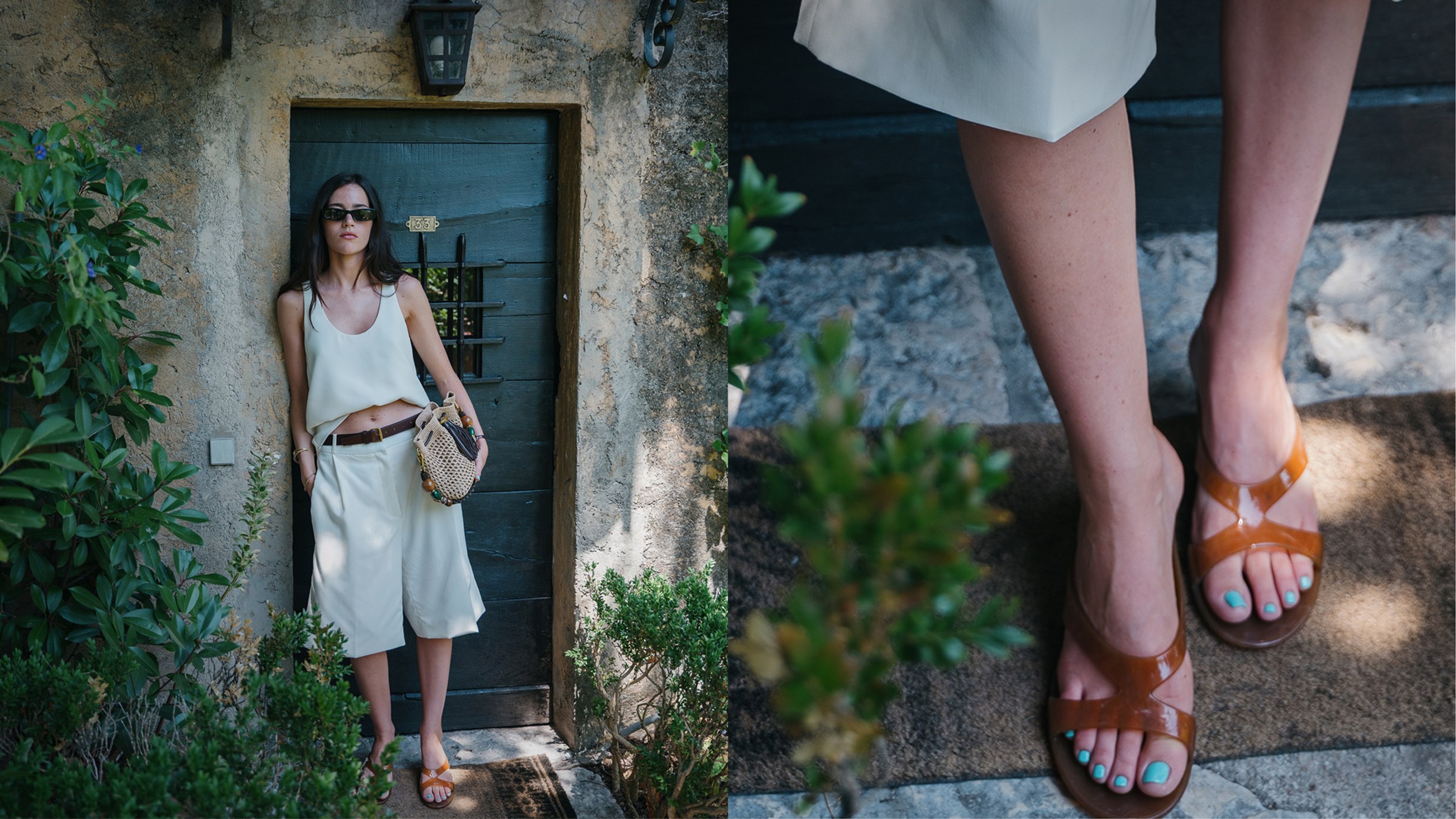 Woman standing in a stone doorway wearing a white top and shorts, amber jelly sandals and sunglasses, carrying a woven shoulder bag. / Close-up of amber jelly sandals while standing on stone steps.