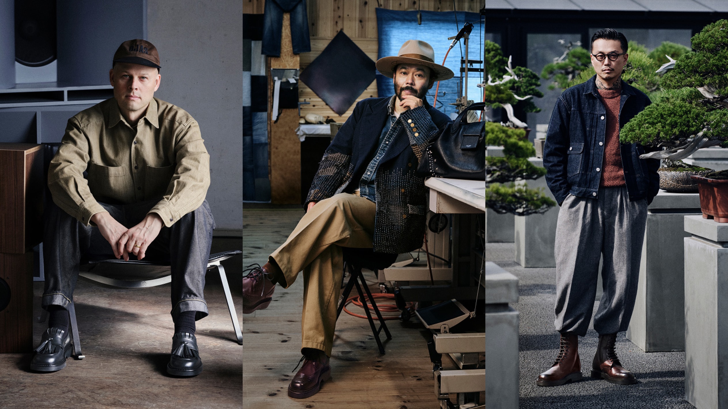 Three men wearing Jimmy Choo footwear pose in different environments: one seated indoors beside speakers, one seated in a workshop holding a black leather bag, and one standing outdoors among bonsai trees.