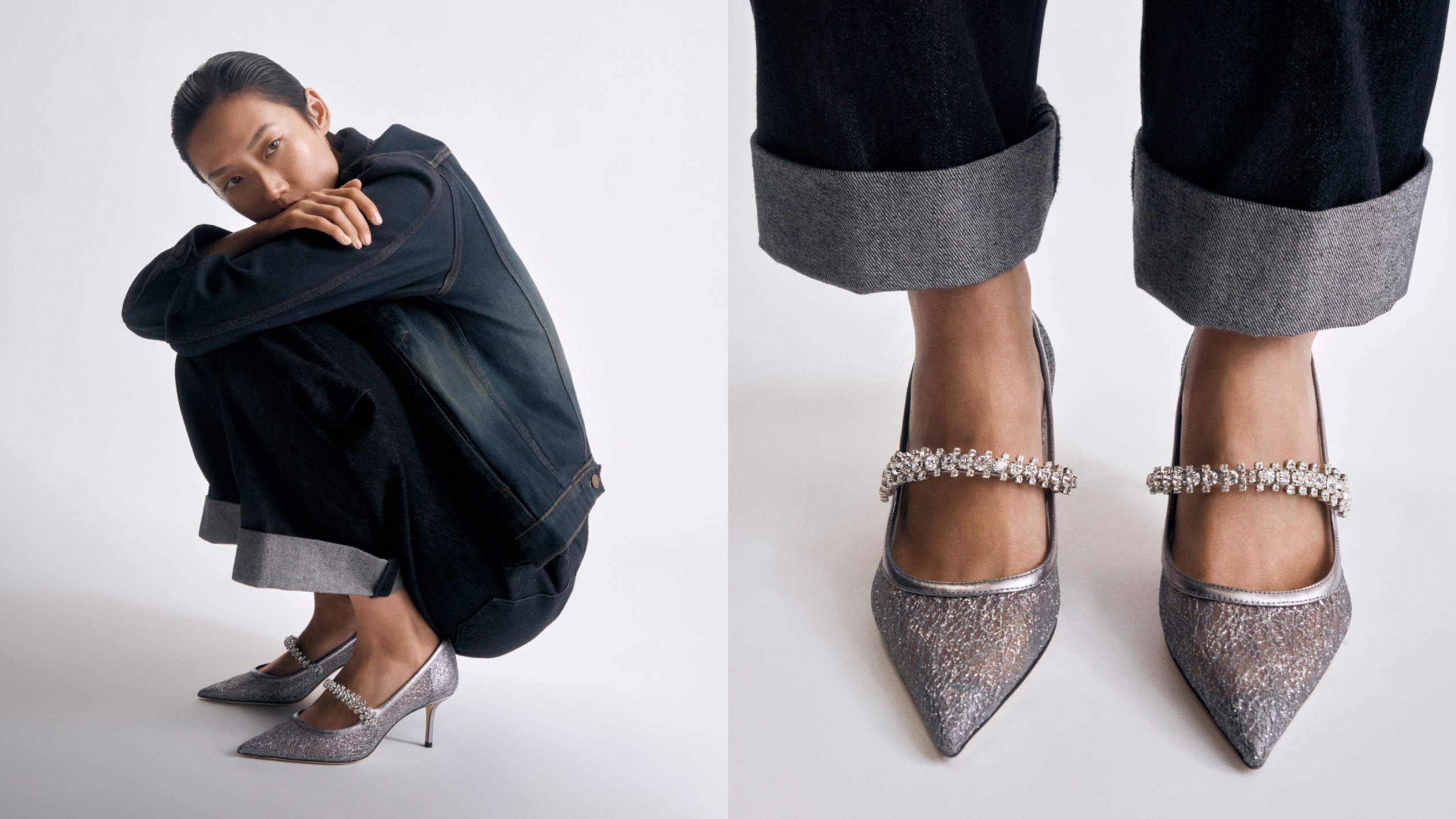Model crouching in a denim outfit and wearing silver glitter pointed-toe pumps with crystal-embellished straps. / Close-up of silver glitter pointed-toe pumps with crystal-embellished straps, worn with cuffed jeans.