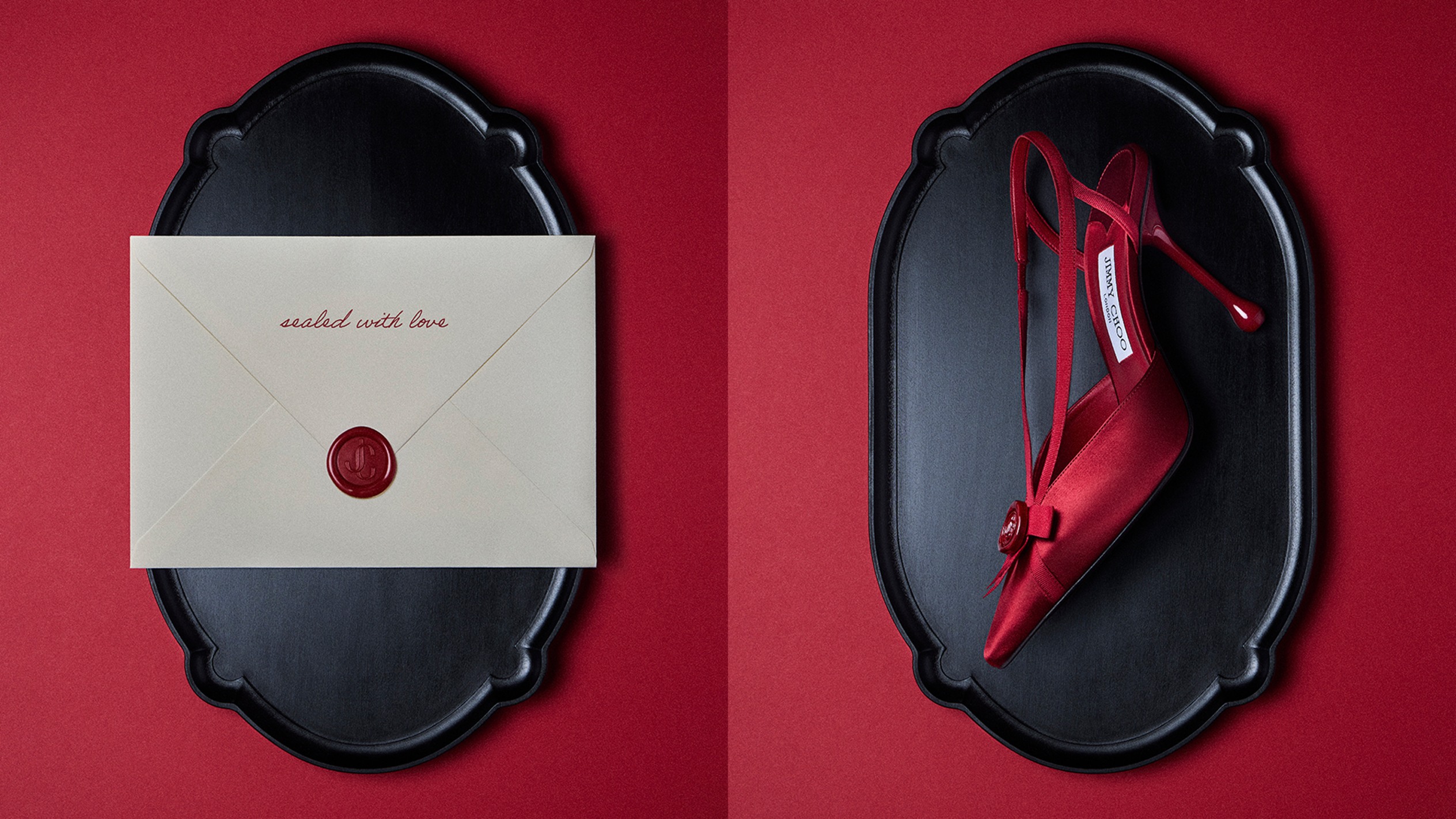 Red wax seal featuring the Jimmy Choo monogram on textured paper.