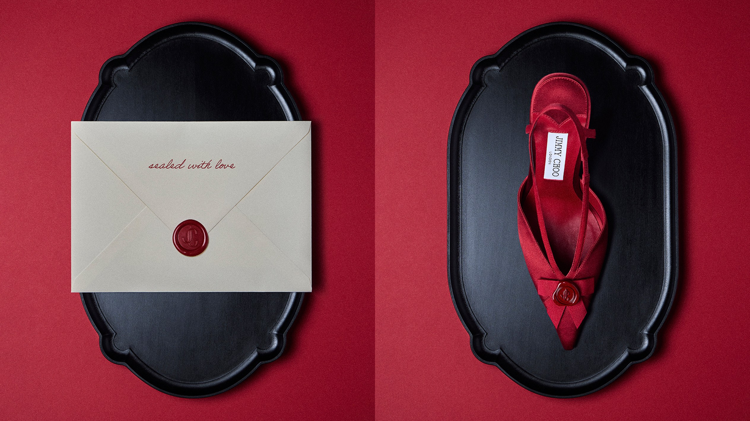 Red wax seal featuring the Jimmy Choo monogram on textured paper.