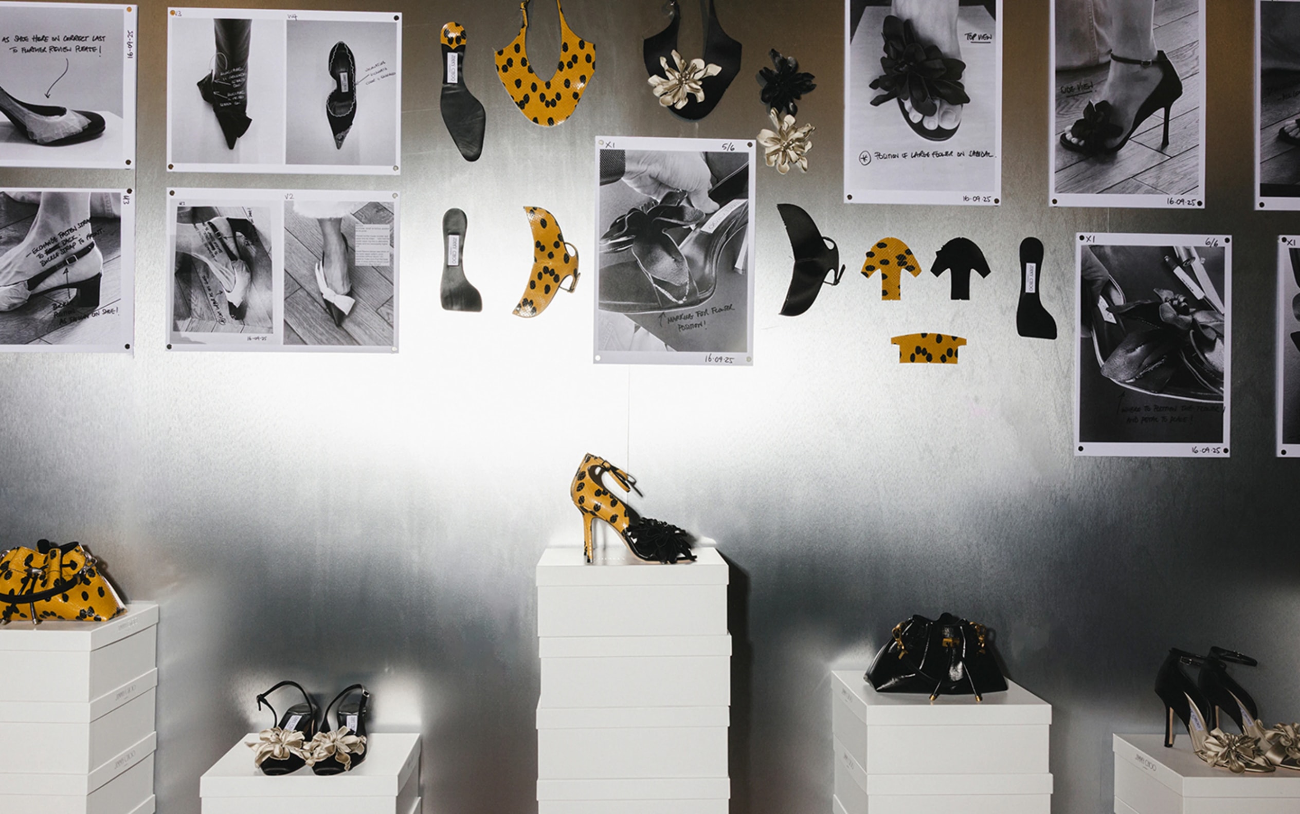 Mood board featuring footwear sketches, material samples, design references and finished shoes displayed on white plinths.