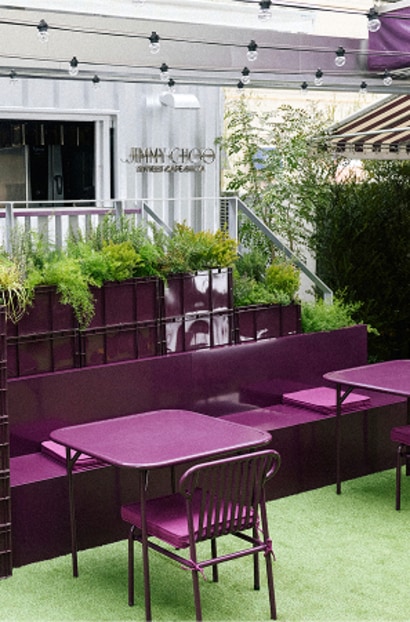 Purple outdoor terrace seating at Jimmy Choo Street Cafe Ginza.