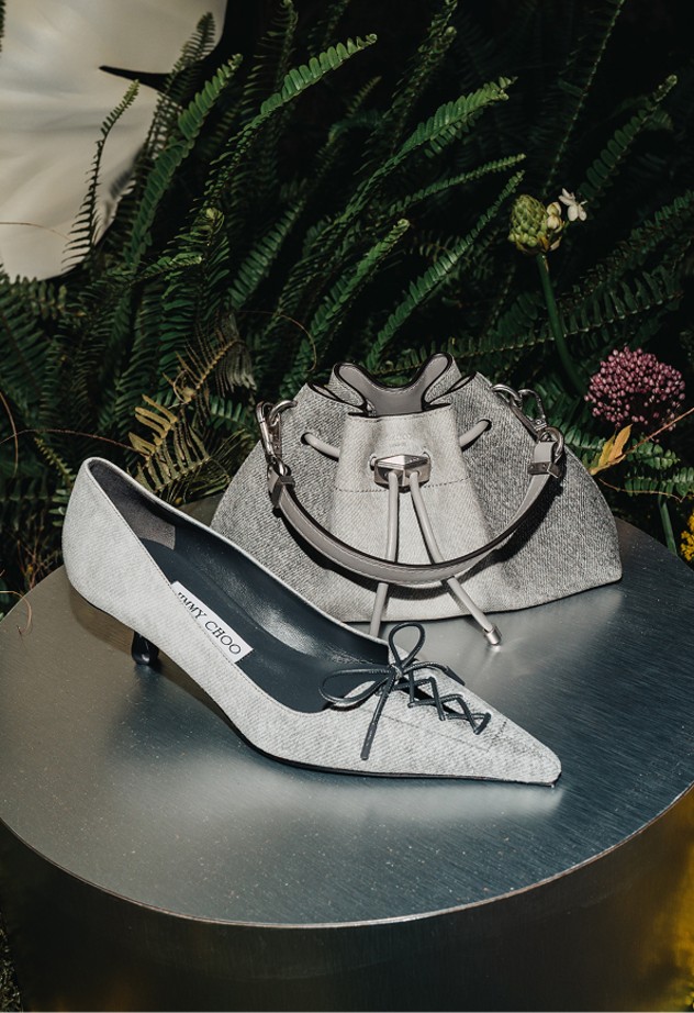 Collage of runway and detail shots from Jimmy Choo Spring 2026 at Milan Fashion Week, showcasing footwear, handbags, and guests in eveningwear.