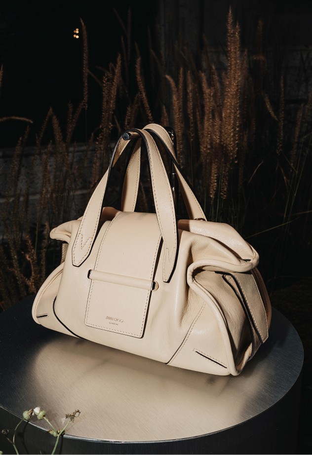 Collage of runway and detail shots from Jimmy Choo Spring 2026 at Milan Fashion Week, showcasing footwear, handbags, and guests in eveningwear.