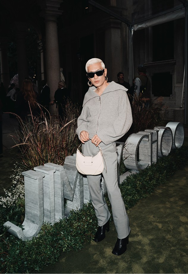 Collage of runway and detail shots from Jimmy Choo Spring 2026 at Milan Fashion Week, showcasing footwear, handbags, and guests in eveningwear.