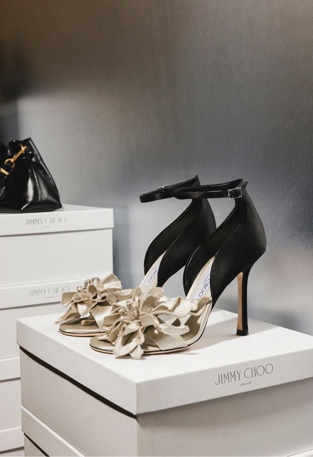 Collage of runway and detail shots from Jimmy Choo Spring 2026 at Milan Fashion Week, showcasing footwear, handbags, and guests in eveningwear.