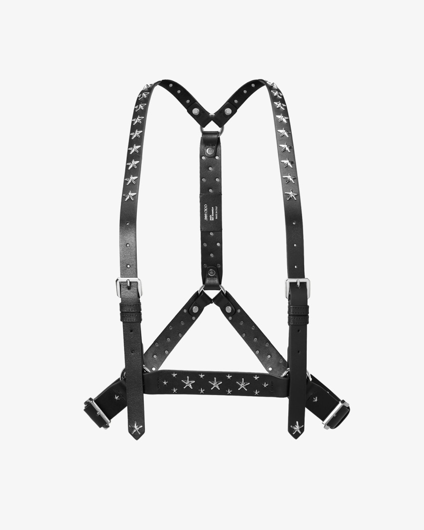 Close-up of black tailoring with ruffled white shirt and star-studded leather harness.