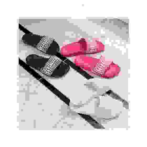 Jimmy Choo pink, black and white slides with pearls   