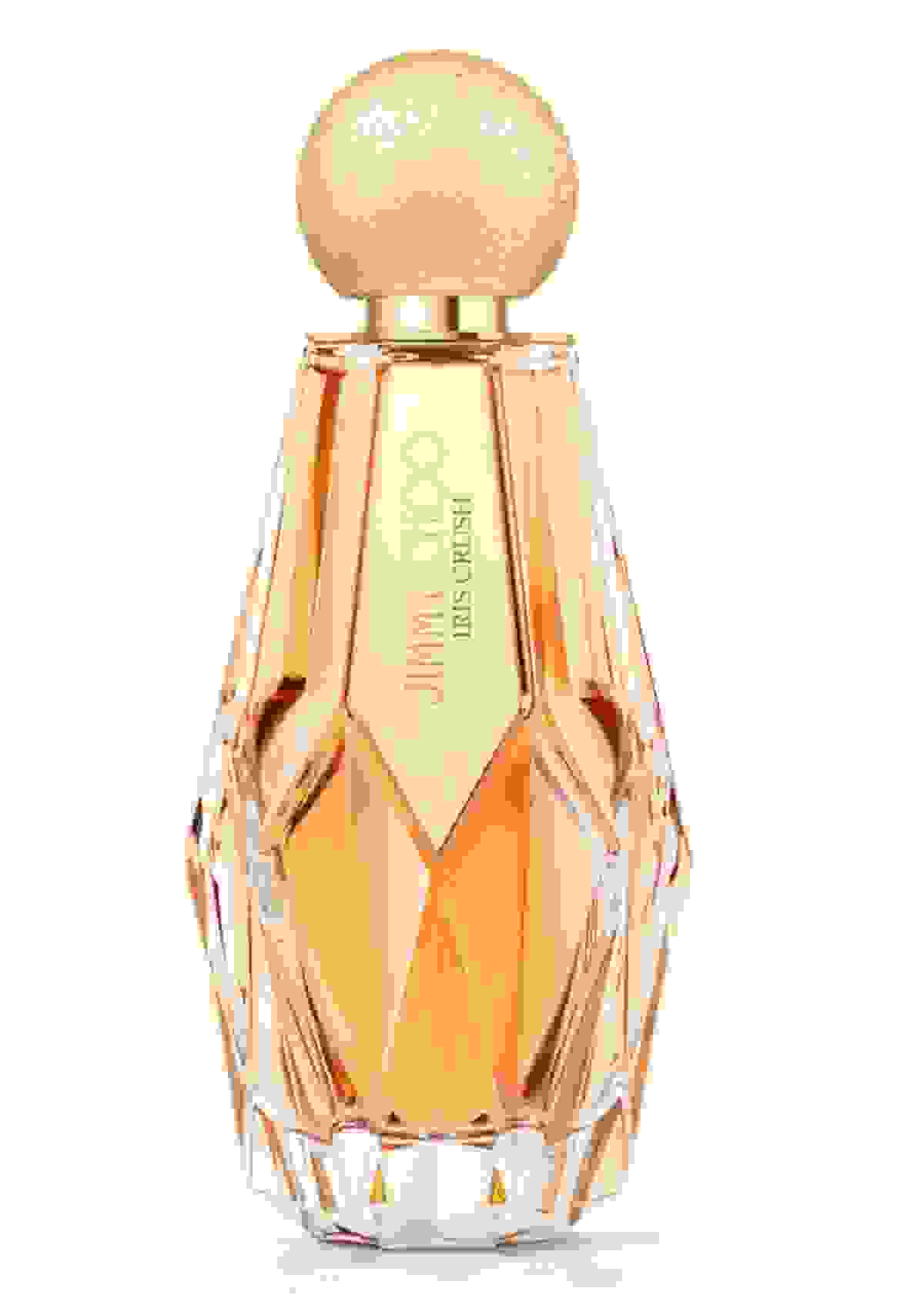 Jimmy Choo women’s fragrance Iris Crush in multi-faceted glass bottle with gold glitter cap