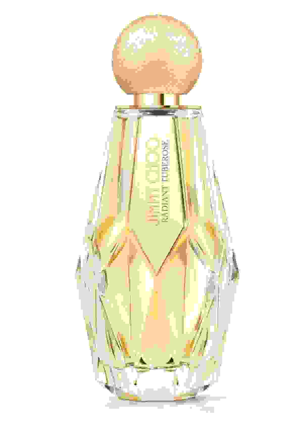 Jimmy Choo women’s fragrance Radiant Tuberose in multi-faceted glass bottle with gold glitter cap
