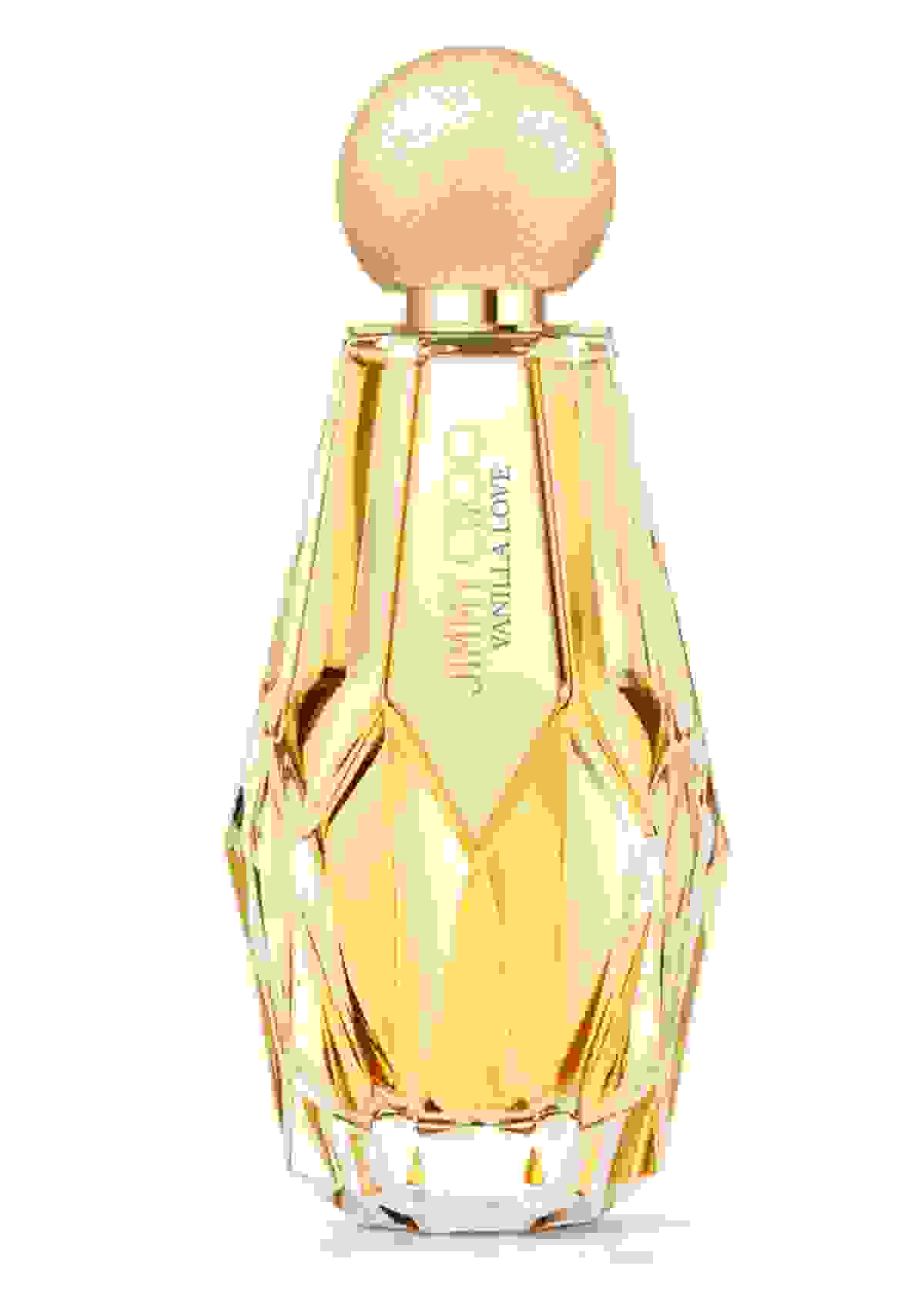 Jimmy Choo women’s fragrance Vanilla Love in multi-faceted glass bottle with gold glitter cap