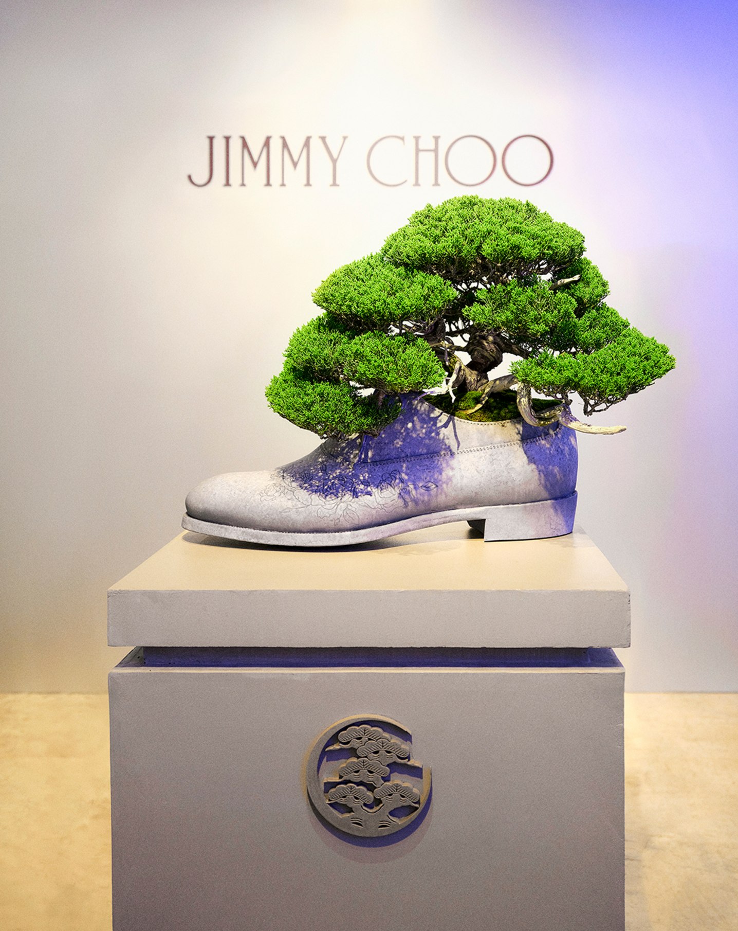 Large boot-shaped planter displayed on a plinth with a bonsai tree growing from the opening.