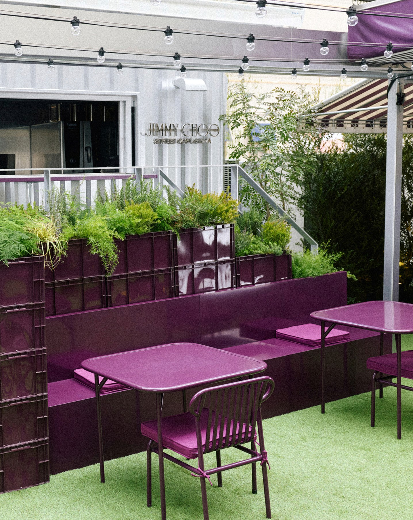 Purple outdoor terrace seating at Jimmy Choo Street Cafe Ginza.