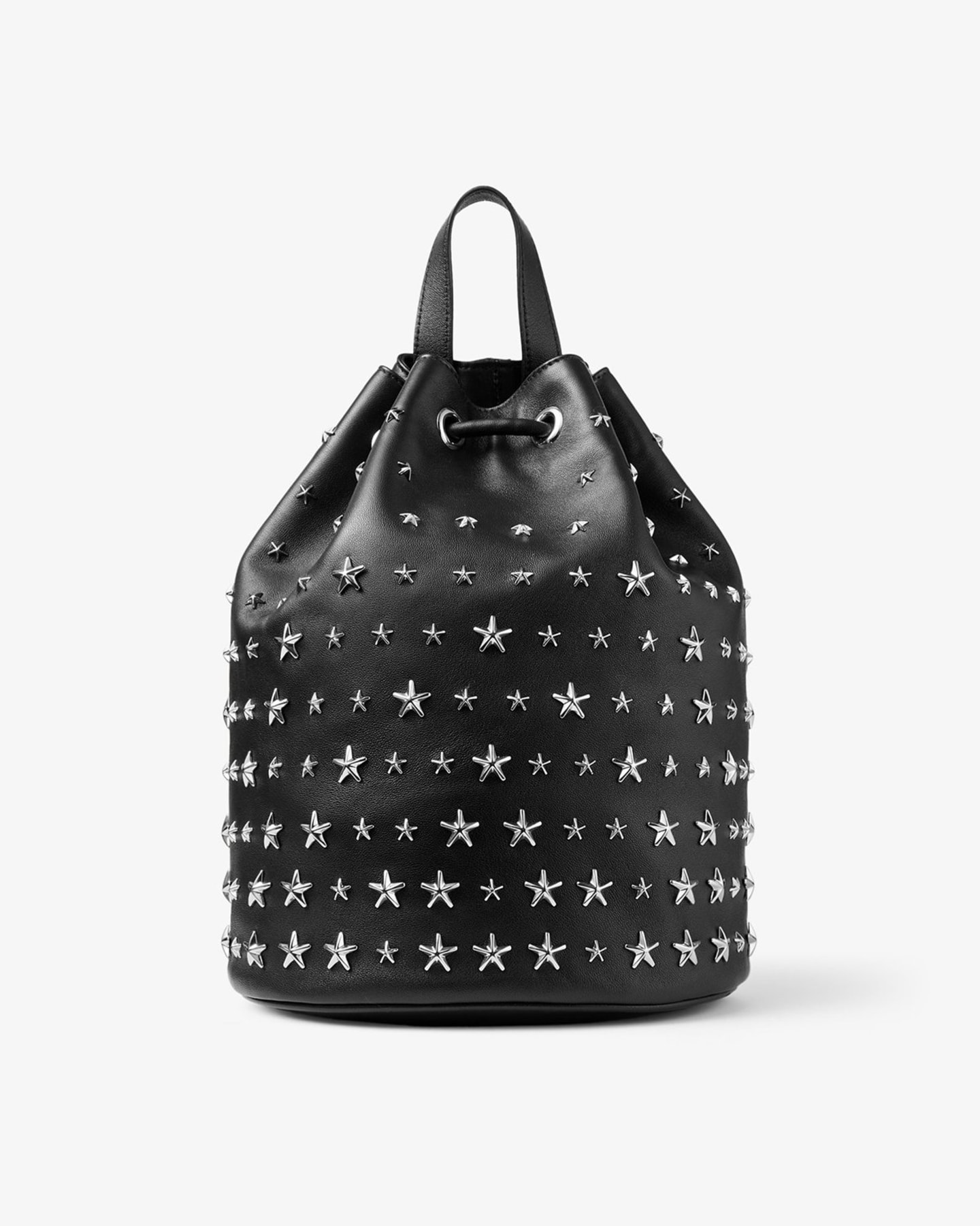 Black leather drawstring bucket bag embellished with silver star studs, photographed on a white background.