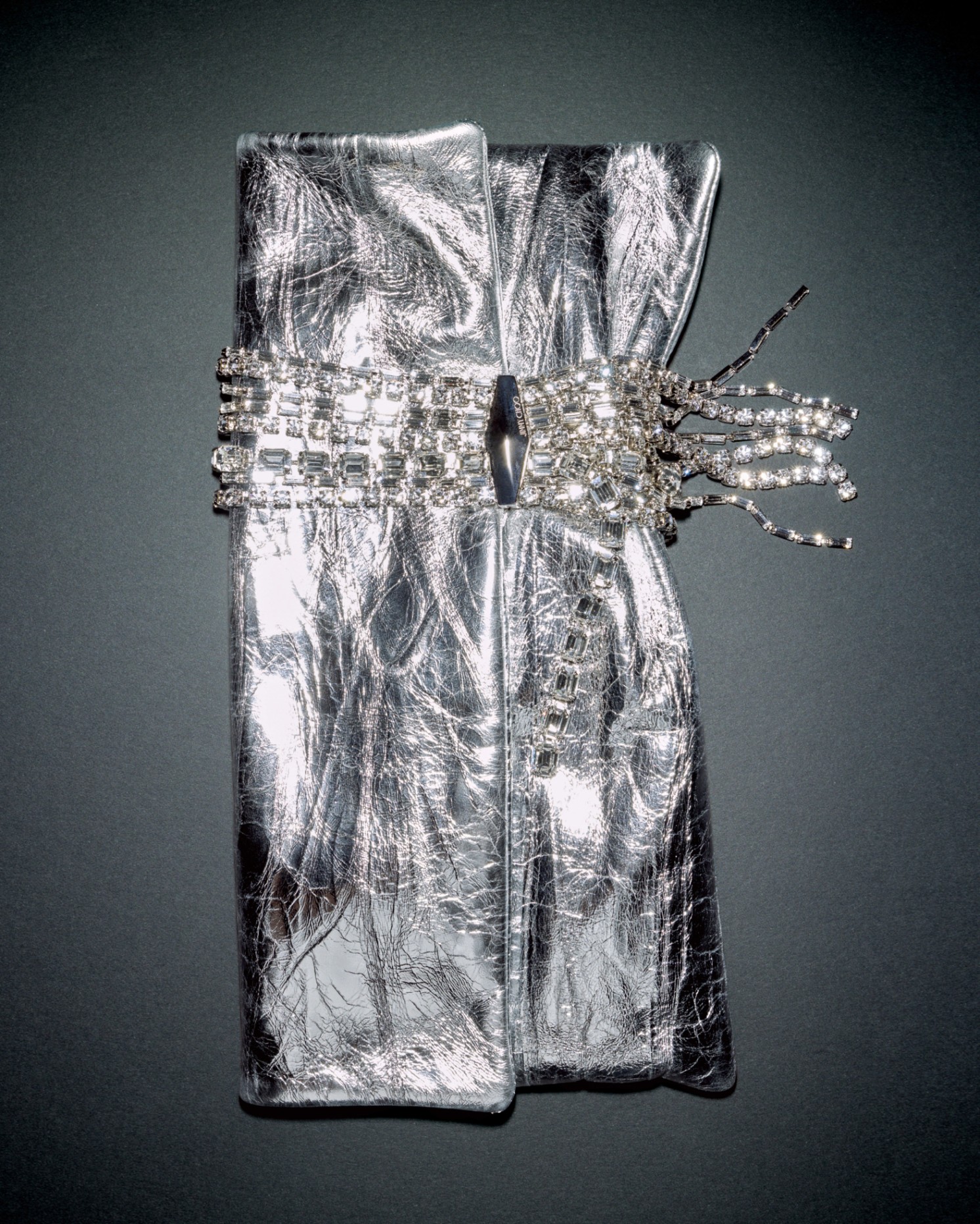 Jimmy Choo crystal-embellished silver leather Cinch bag