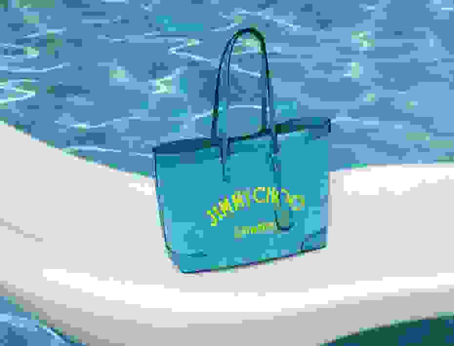 Jimmy Choo women's Malibu blue towelling fabric logo tote bag