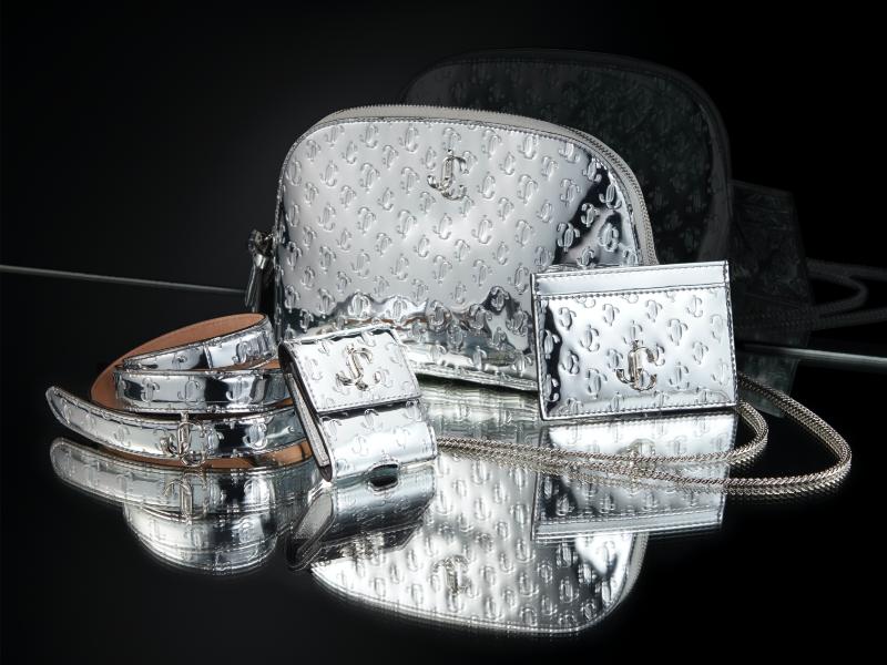 Jimmy Choo women's embossed silver fabric cosmetic case, card holder and belt 