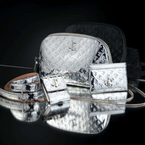 Jimmy Choo women's embossed silver fabric cosmetic case, card holder and belt 